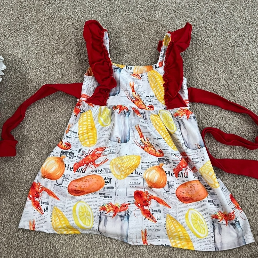 Colorful Seafood Print Apron with Red Straps